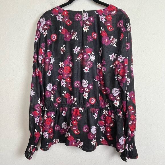 Ann Taylor Blouse Black Red Floral Long Sleeve Sz L Button Peplum NWT - Picture 6 of 8